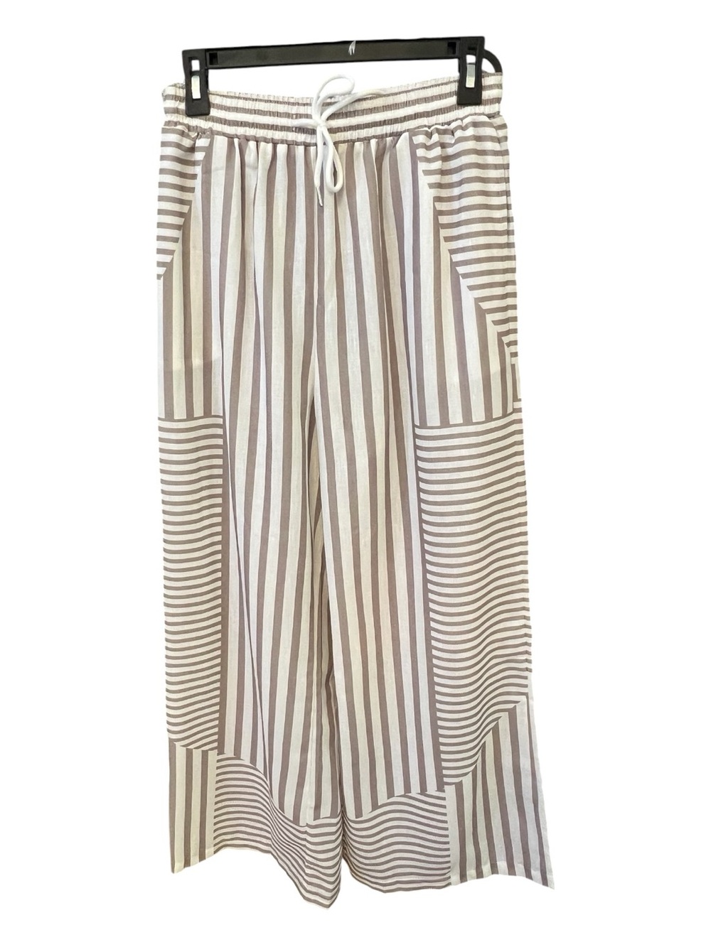NWT Zaful Khaki White Striped Palazzo Pants Wide Leg Drawstring | Size 4 - Picture 7 of 14